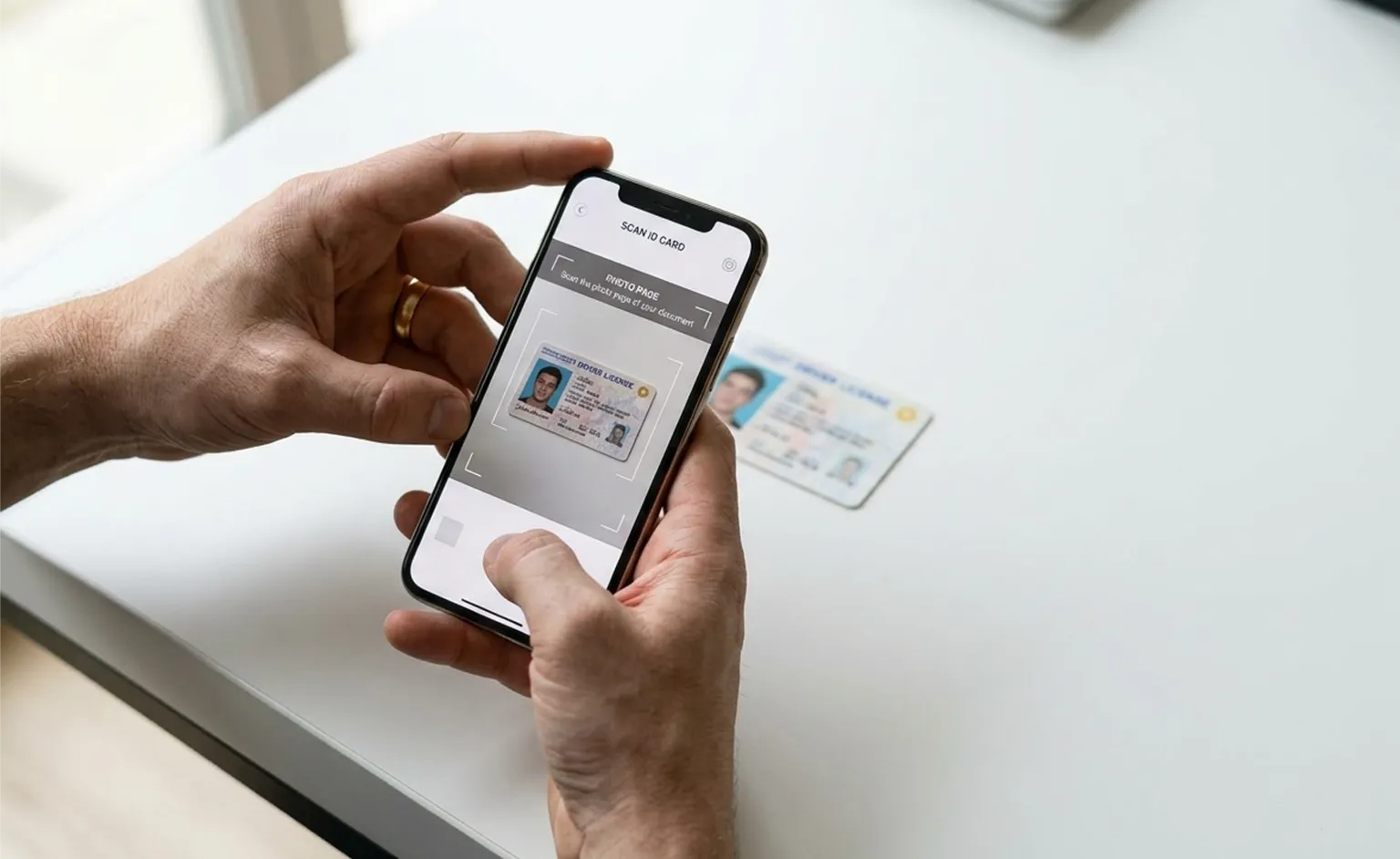 Phone scanning a government ID card during digital onboarding Phone scanning a government ID card during digital onboarding