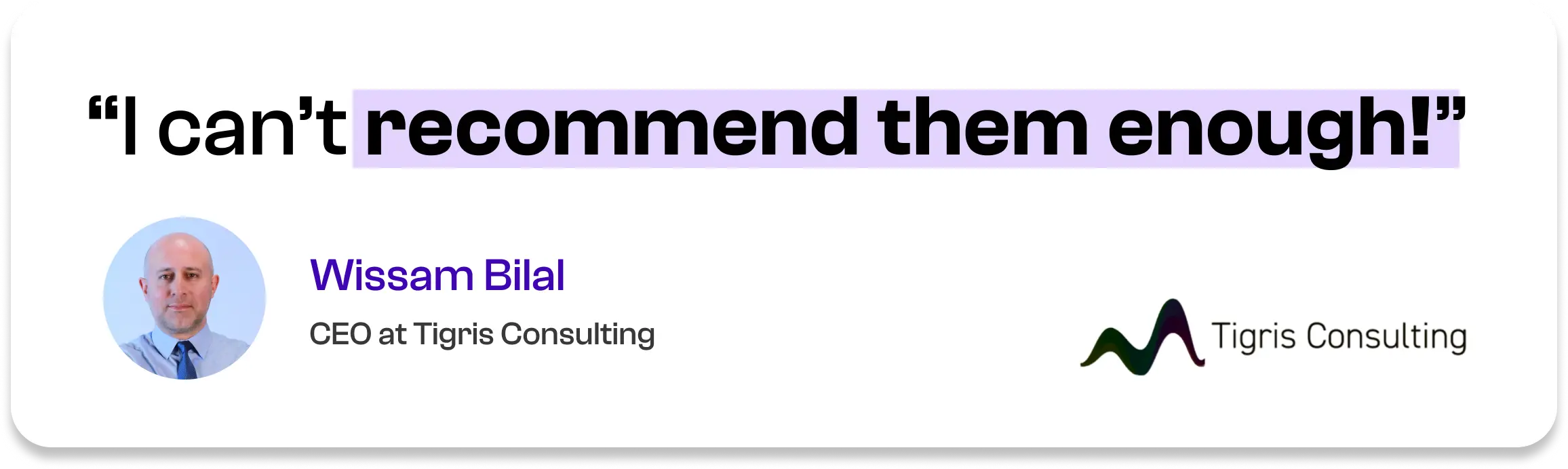 I can't recommend them enough! — Wissam Bilal, CEO at Tigris Consulting