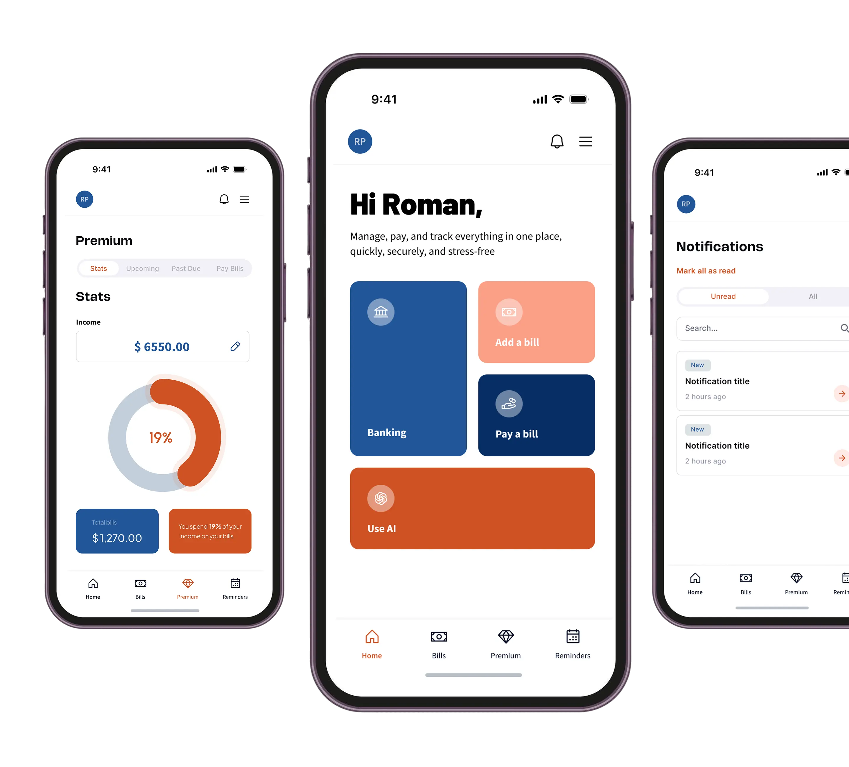 Bills Treasury financial management app interface