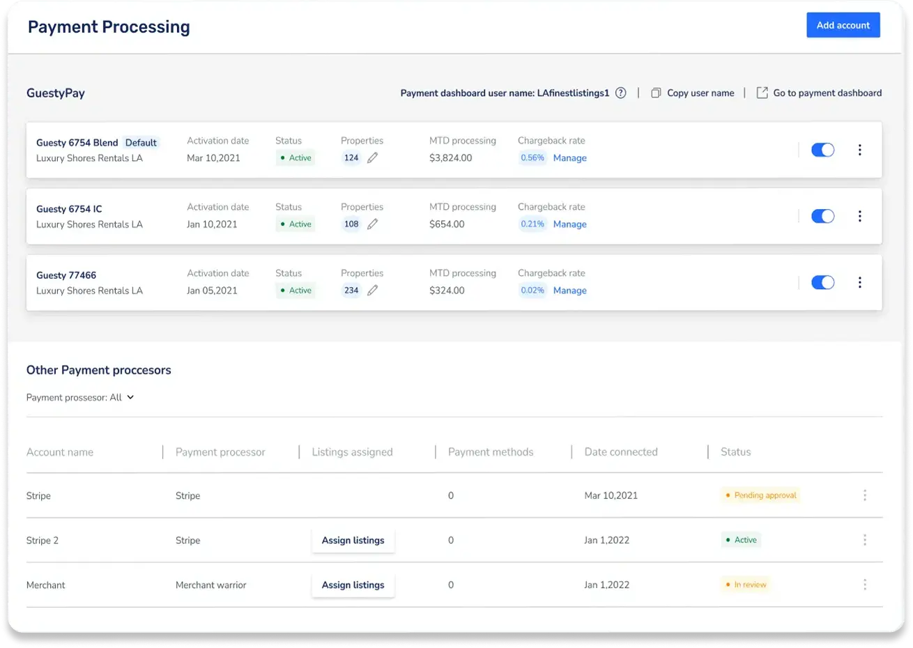 Guesty Payment Processing dashboard