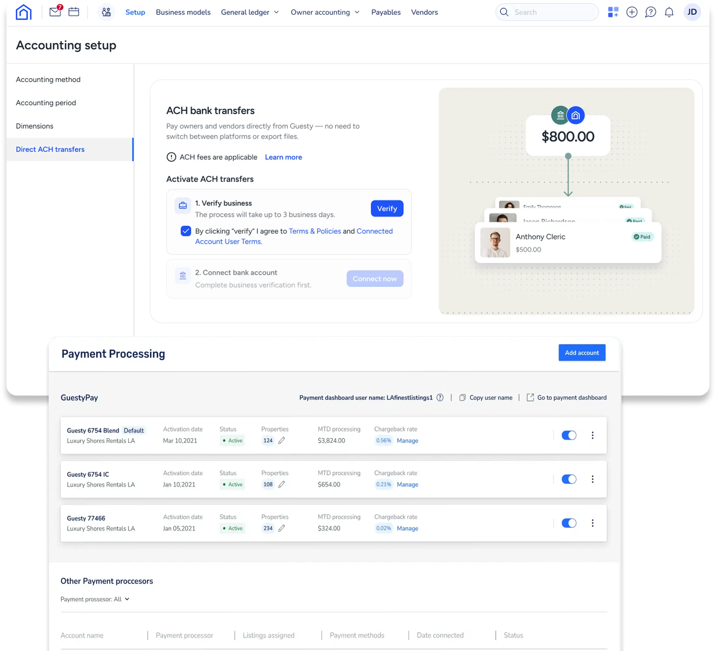 Guesty Accounting setup and Payment Processing dashboard