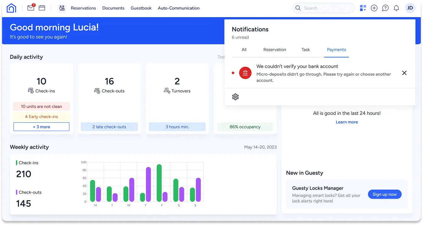 Guesty hospitality management platform dashboard interface