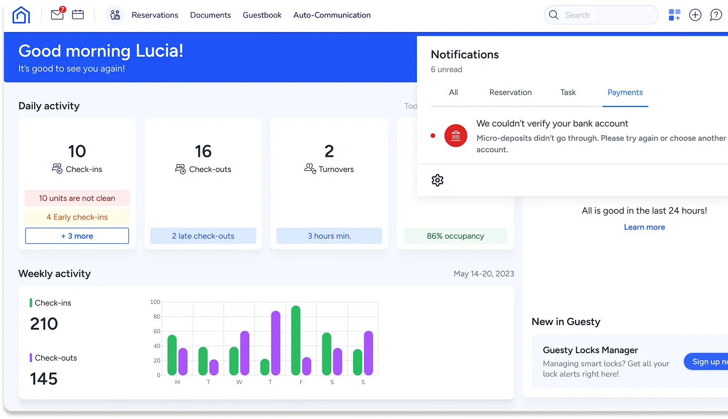 Guesty hospitality management platform dashboard interface