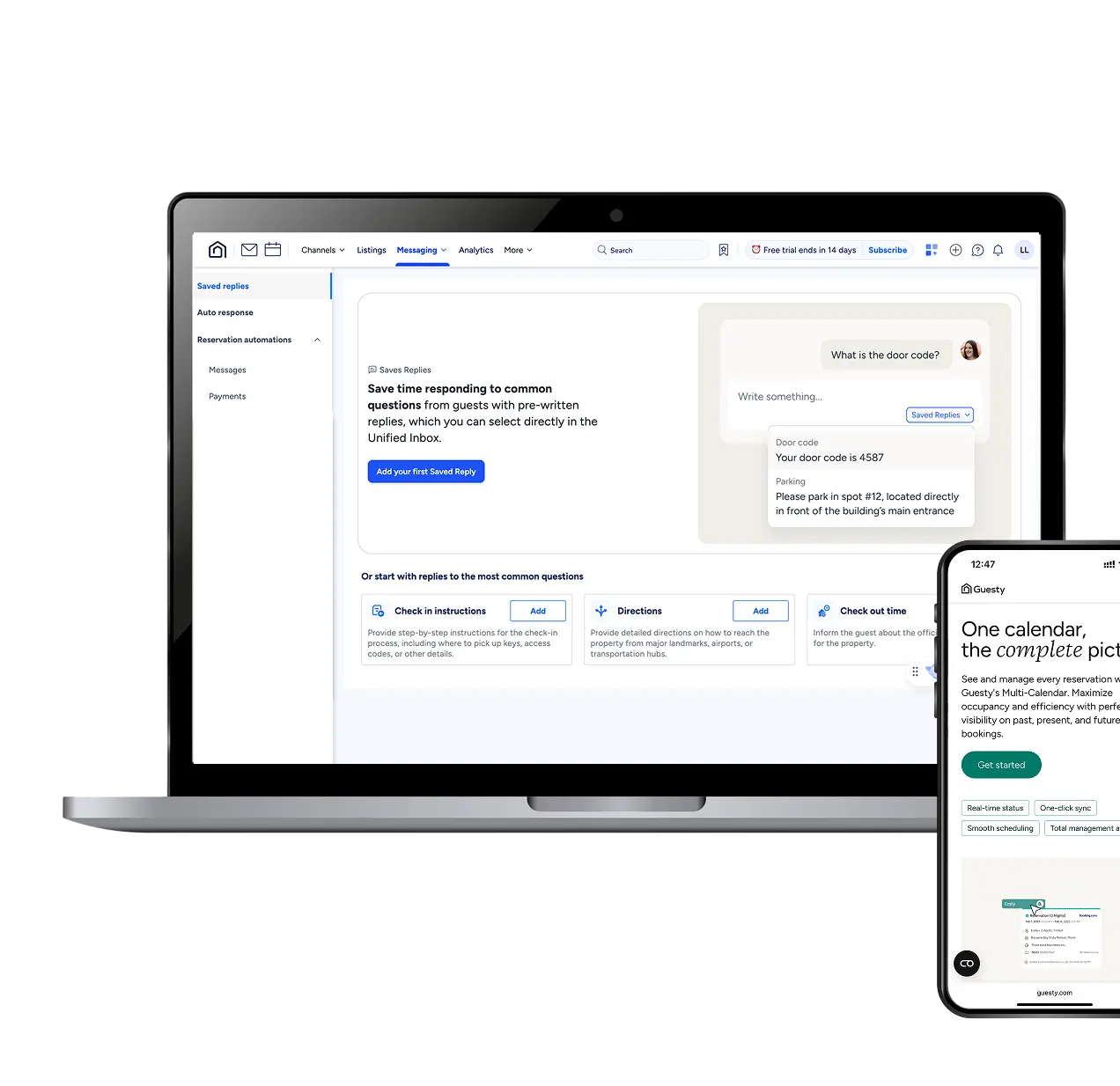 Guesty Saved Replies on laptop and Multi-Calendar on mobile