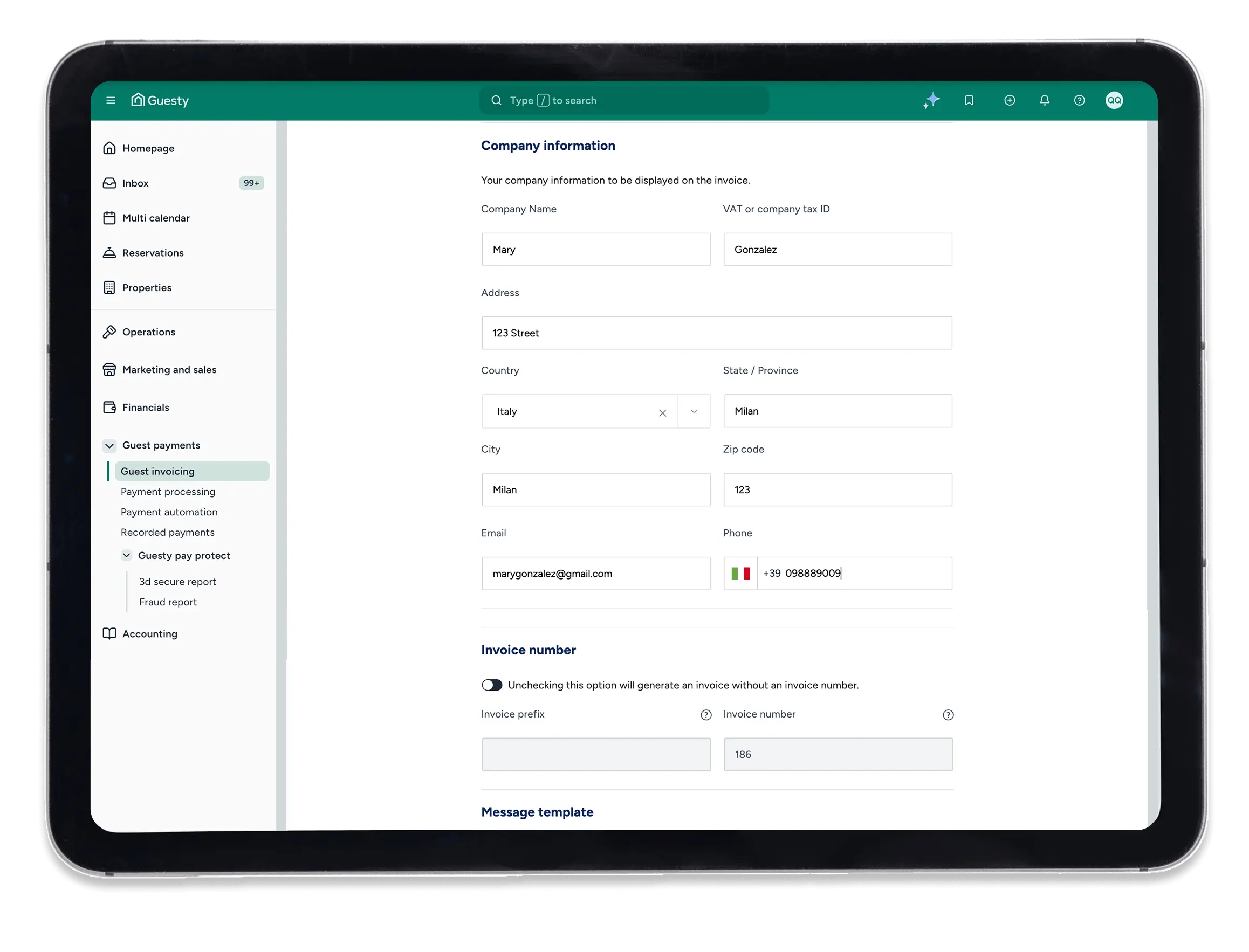 Guesty company information form on tablet