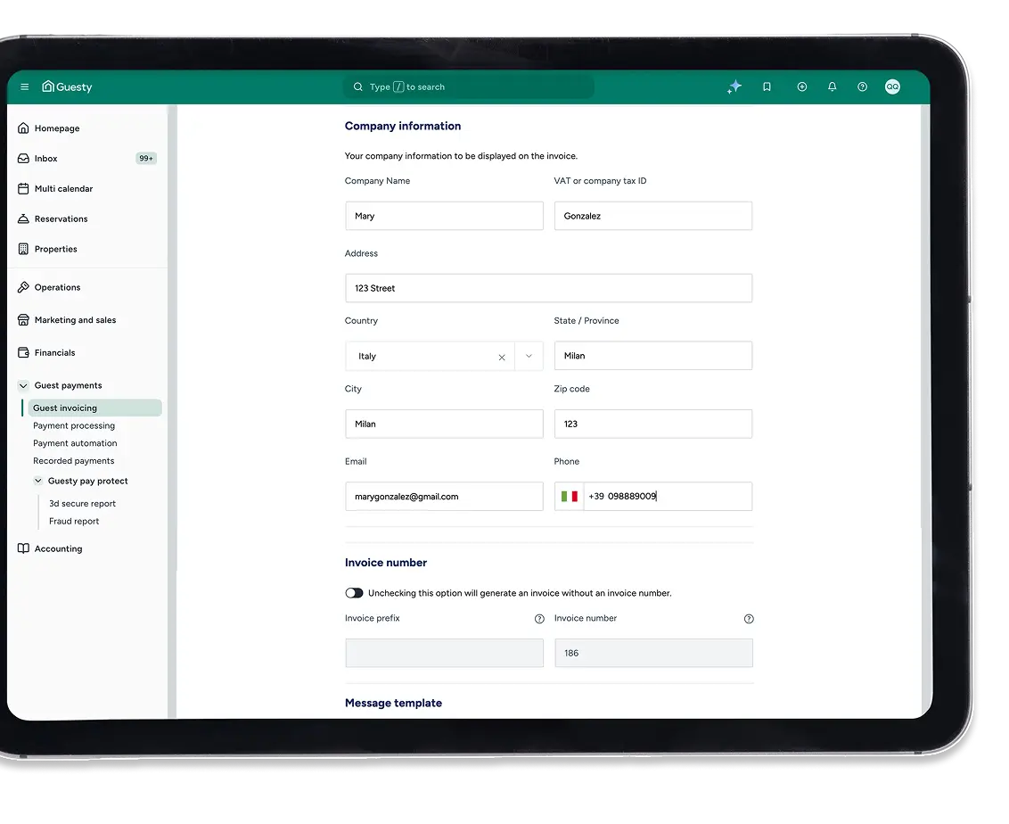 Guesty company information form on tablet